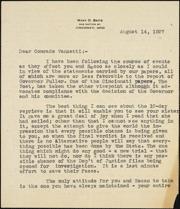 Mary D. Brite typed letter signed to Bartolomeo Vanzetti, Cincinnati, 14 August 1927