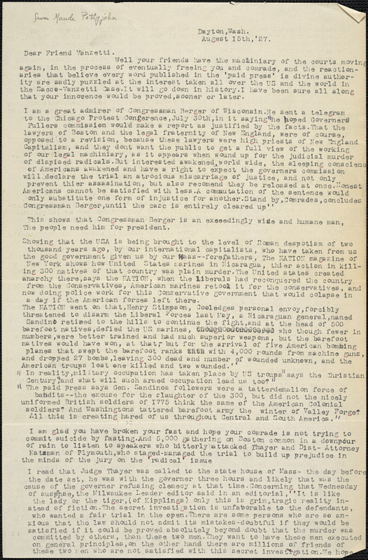 Maude Pettyjohn typed letter signed to Bartolomeo Vanzetti, Daytona, Wash., 15 August 1927