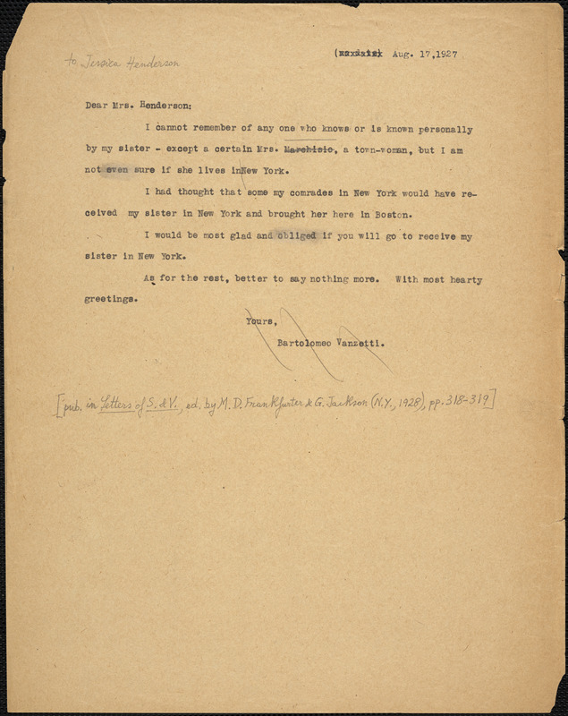 Bartolomeo Vanzetti typed note (copy) to Jessica Henderson, [Charlestown], 17 August 1927