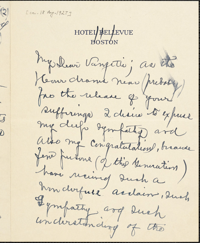 Carrie G. Barr autographed letter signed to Bartolomeo Vanzetti, [Boston], 18 August 1927