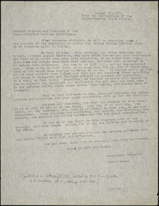 Bartolomeo Vanzetti typed letter (copy) to the Friends and Comrades of the Sacco-Vanzetti Defense Committee, [The Death House], 21 August 1927