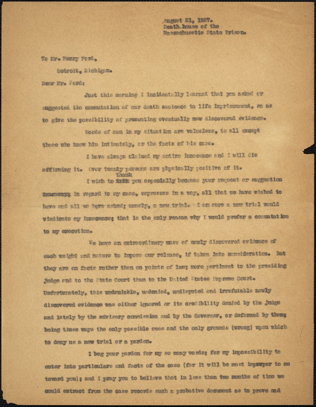 Bartolomeo Vanzetti typed letter (copy) to Henry Ford, [Charlestown], 1927 August 21