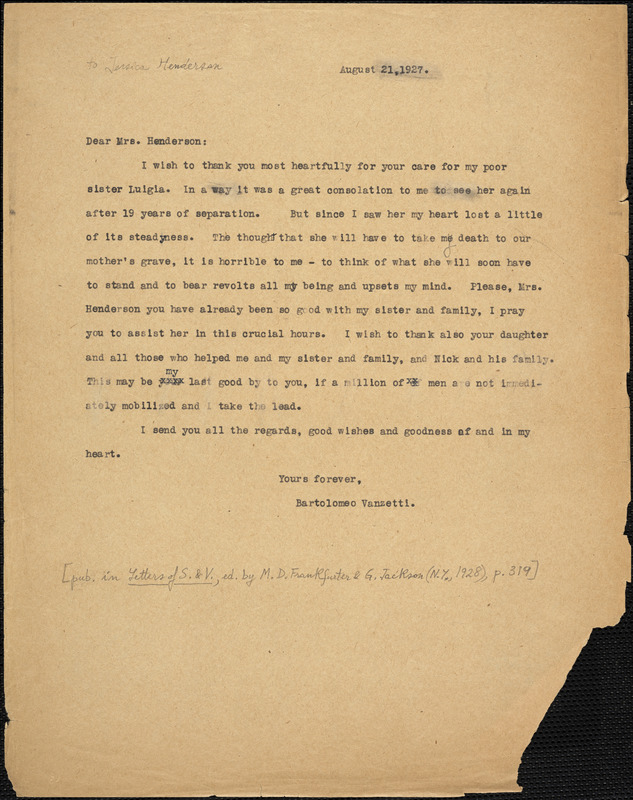 Bartolomeo Vanzetti typed letter (copy) to Jessica Henderson, [Charlestown], 21 August 1927