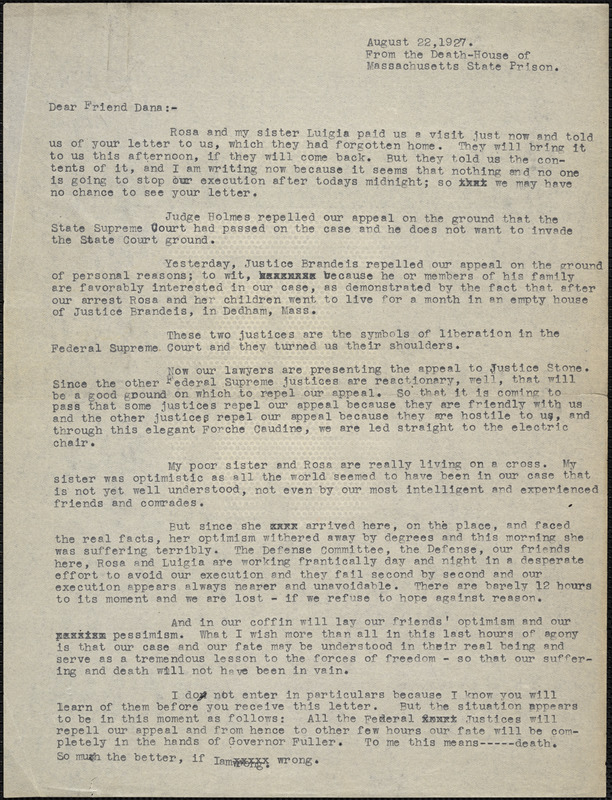 Bartolomeo Vanzetti and Nicola Sacco. typed letter (copy) to [Harry W.L.] Dana, the Death House, 22 August 1927