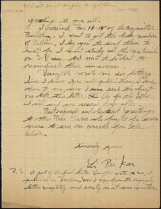 Pei Kan Li autographed letter signed to Sacco-Vanzetti Defense Committee, February 1928