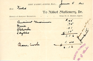 Bill to the Abbot Academy bookstore, June 5, 1901