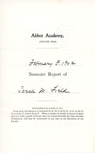Sarah (Sallie) M. Field, Abbot Academy semester report, February 8, 1902
