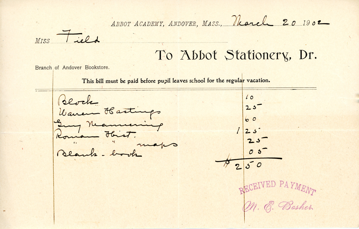 Bill to the Abbot Academy bookstore, March 20, 1902