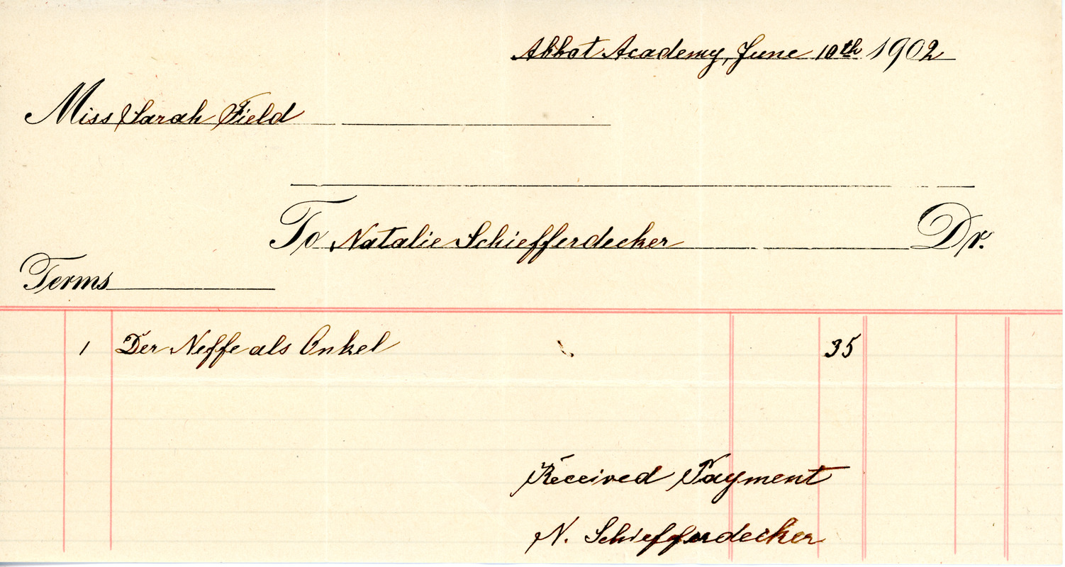 Bill paid to Natalie Schiefferdecker by Sarah M. Field on June 10, 1902
