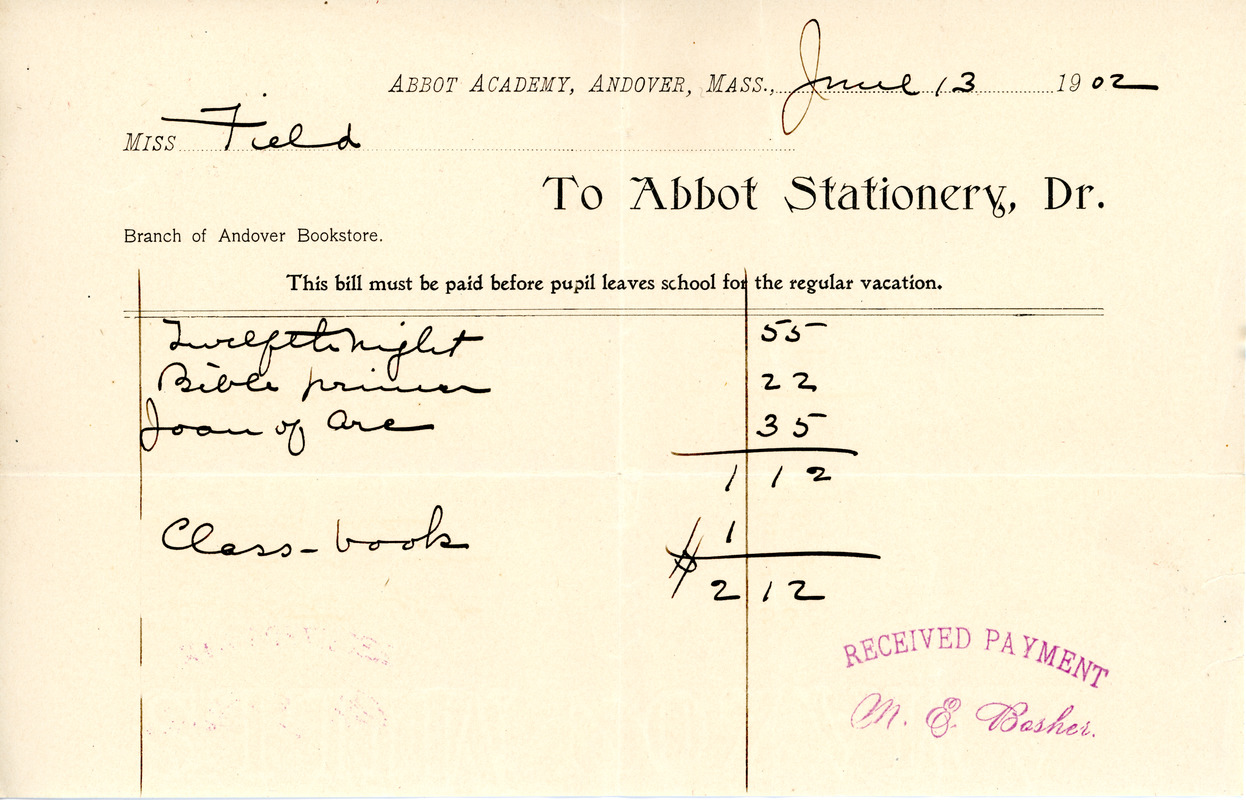 Bill to the Abbot Academy bookstore, June 13, 1902
