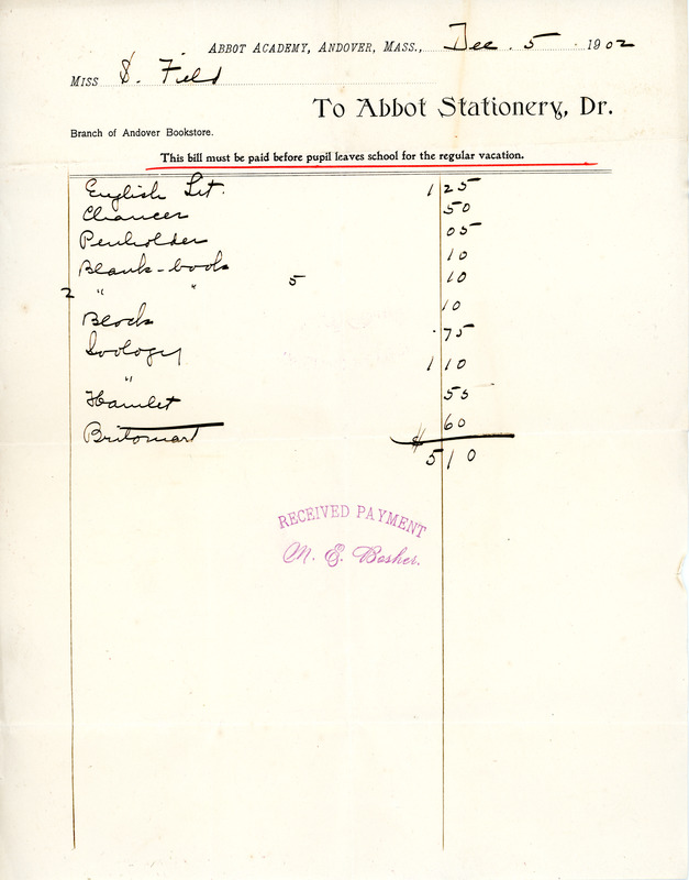 Bill to the Abbot Academy bookstore, December 5, 1902