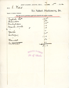 Bill to the Abbot Academy bookstore, December 5, 1902
