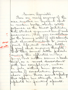 "Samson Agonistes" essay for English IV by Sarah (Sallie) M. Field, Abbot Academy, class of 1904