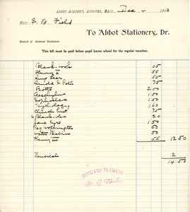 Bill to the Abbot Academy bookstore, December 4, 1903