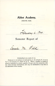 Sarah (Sallie) M. Field, Abbot Academy semester report, February 6, 1904