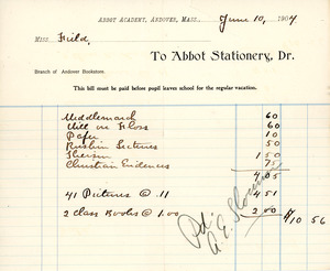 Bill to the Abbot Academy bookstore, June 10, 1904