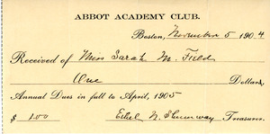 Ms. Sarah M. Field's Abbot Academy Club annual dues, November 5, 1904