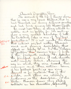English 4 essay entitled "Chaucer's Descriptive Power" by Sarah (Sallie) M. Field, Abbot Academy, class of 1904