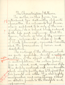 "The Characteristics of the Raven" essay by Sarah (Sallie) M. Field, Abbot Academy, class of 1904