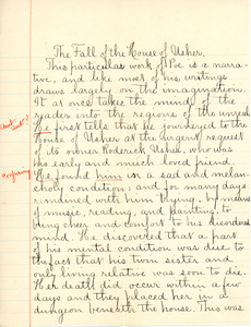 "The Fall of the House of Usher" essay by Sarah (Sallie) M. Field, Abbot Academy, class of 1904