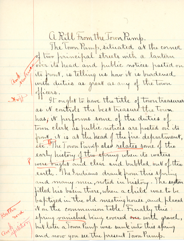 "A Rill from the Town Pump" essay by Sarah (Sallie) M. Field, Abbot Academy, class of 1904