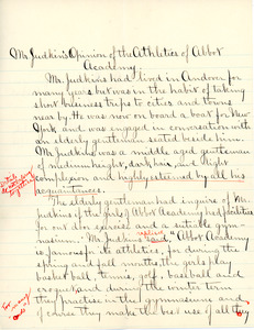 "Mr. Judkins Opinions of the Athletics of Abbot Academy" essay by Sarah (Sallie) M. Field, Abbot Academy, class of 1904