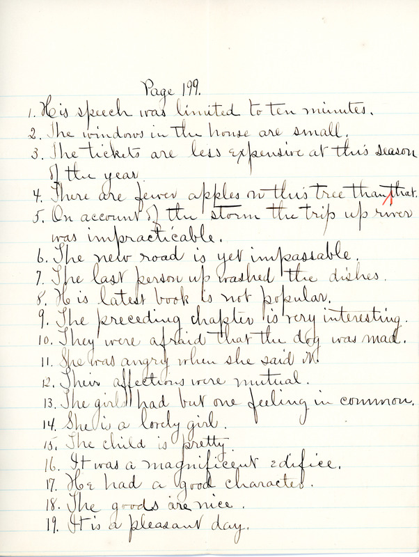"Page 199" English III exercise by Sarah (Sallie) M. Field, Abbot Academy, class of 1904