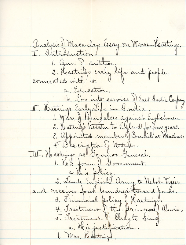 "Analysis of Macaulay's Essay on Warren Hastings" outline for English III by Sarah (Sallie) M. Field, Abbot Academy, classof 1904