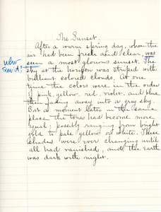"The Sunset" essay for English III by Sarah (Sallie) M. Field, Abbot Academy, class of 1904