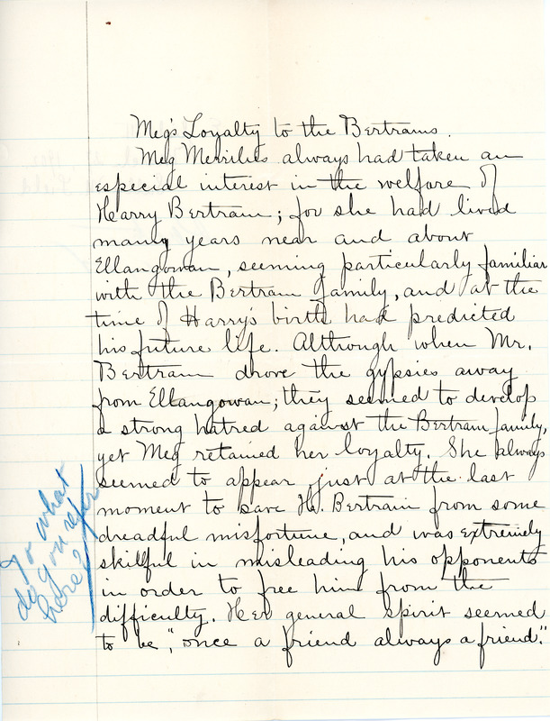 "Meg's Loyalty to the Bertrams" essay for English III by Sarah (Sallie) M. Field, Abbot Academy, class of 1904