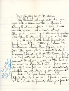"Meg's Loyalty to the Bertrams" essay for English III by Sarah (Sallie) M. Field, Abbot Academy, class of 1904