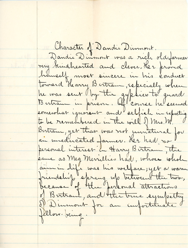 "Character of Dandie Durmont" essay for English III by Sarah (Sallie) M. Field, Abbot Academy, class of 1904