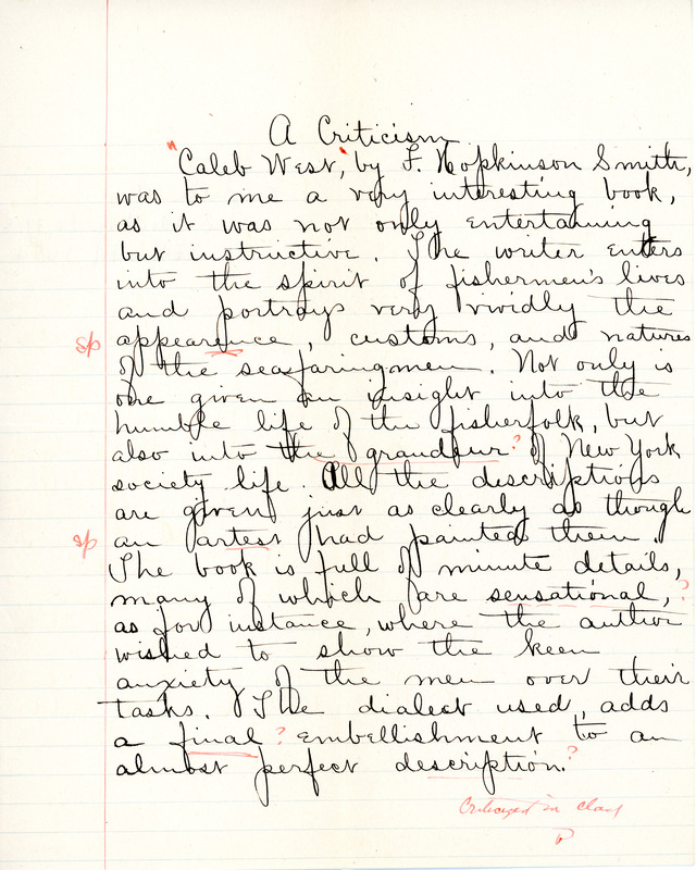 "A Criticism" essay for English IV by Sarah (Sallie) M. Field, Abbot Academy, class of 1904
