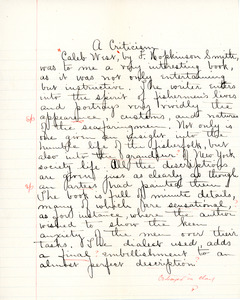 "A Criticism" essay for English IV by Sarah (Sallie) M. Field, Abbot Academy, class of 1904