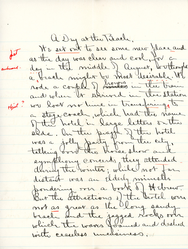 "A Day at the Beach" essay for English IV by Sarah (Sallie) M. Field, Abbot Academy, class of 1904