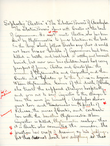 "Sophocle's 'Electra' and 'The Libation Pourers' of Aeschylus" essay for English V by Sarah (Sallie) M. Field, Abbot Academy, class of 1904