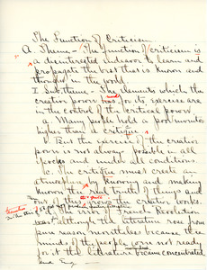 "The Function of Criticism" essay for English V by Sarah (Sallie) M. Field, Abbot Academy, class of 1904