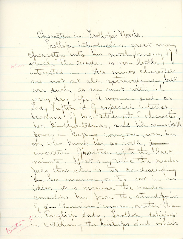 "Characters in Trollope's Novels" essay for English V by Sarah (Sallie) M. Field, Abbot Academy, class of 1904