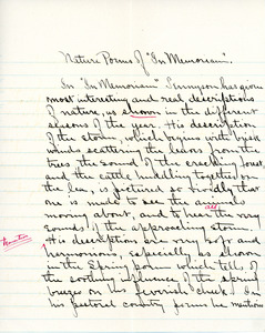 "Nature Poems of 'In Memorium'" essay for English V by Sarah (Sallie) M. Field, Abbot Academy, class of 1904