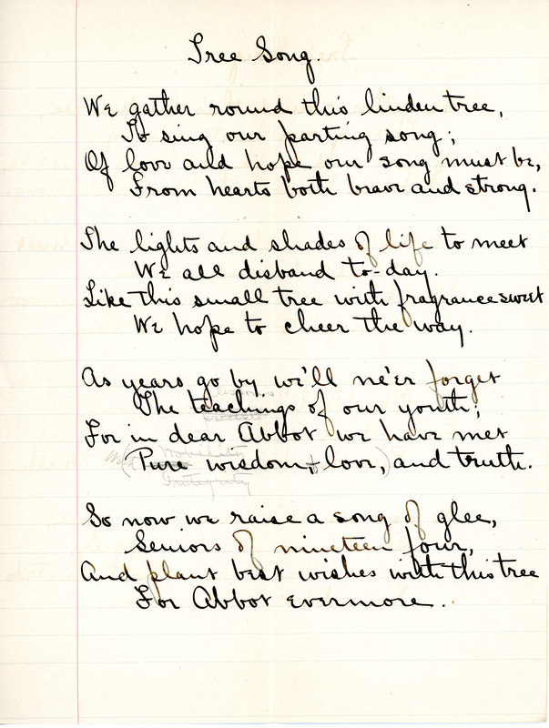 Tree Song for English V by Sarah (Sallie) M. Field, Abbot Academy, class of 1904