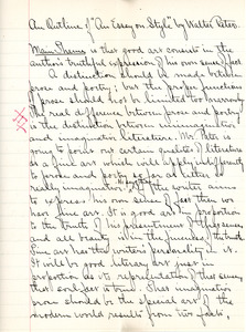 "An Outline on 'An Essay on Style' by Walter Pater" for English V by Sarah (Sallie) M. Field, Abbot Academy, class of 1904