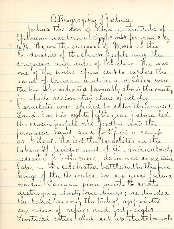 "A Biography of Joshua" essay by Sarah (Sallie) M. Field, Abbot Academy, class of 1904