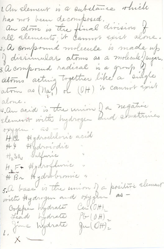Chemistry exam taken by Sarah (Sallie) M. Field, Abbot Academy, class of 1904