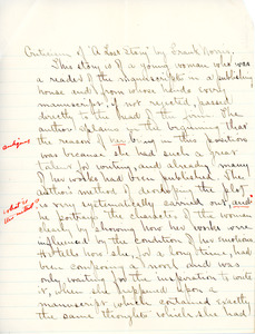 "Criticism of 'A Lost Story' by Frank Norris" essay for English V by Sarah (Sallie) M. Field, Abbot Academy, class of 1904