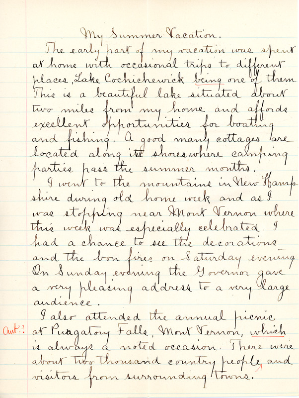 "My Summer Vacation" essay by Sarah (Sallie) M. Field, Abbot Academy, calss of 1904