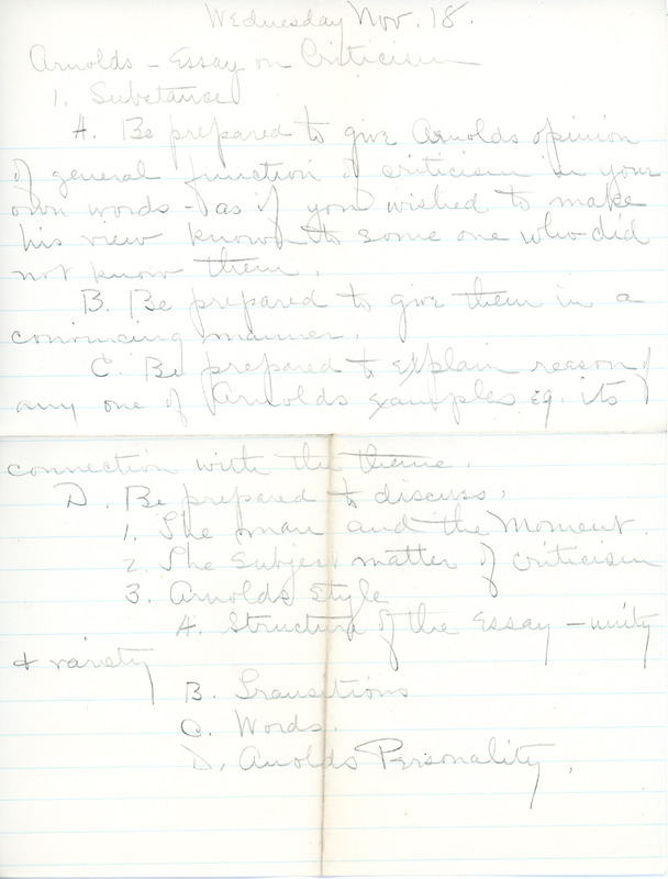 Outline: "Arnold's Essay on Criticism" by Sarah (Sallie) M. Field, Abbot Academy, class of 1904