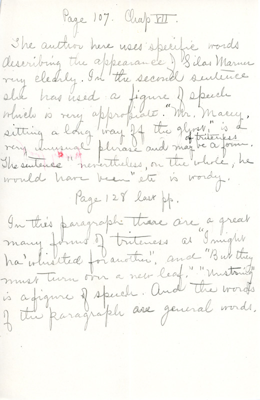 "Page 107" writing exercise for English III by Sarah (Sallie) M. Field, Abbot Academy, class of 1904