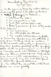 Outline of "Waren Hastings--Trial Scene" for English III by Sarah (Sallie) M. Field, Abbot Academy, class of 1904