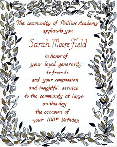 Birthday card for 100th birthday of Sarah (Sallie) M. Field, Abbot Academy, class of 1904