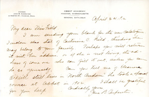 Letter from head of Abbot Academy Alumnae Association to Sarah (Sallie) M. Field, Abbot Academy, class of 1904